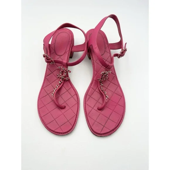 CHANEL Authentic Lambskin Fuchsia And Gold Color Thong Sandals Coco 42 US 11 - Picture 2 of 16